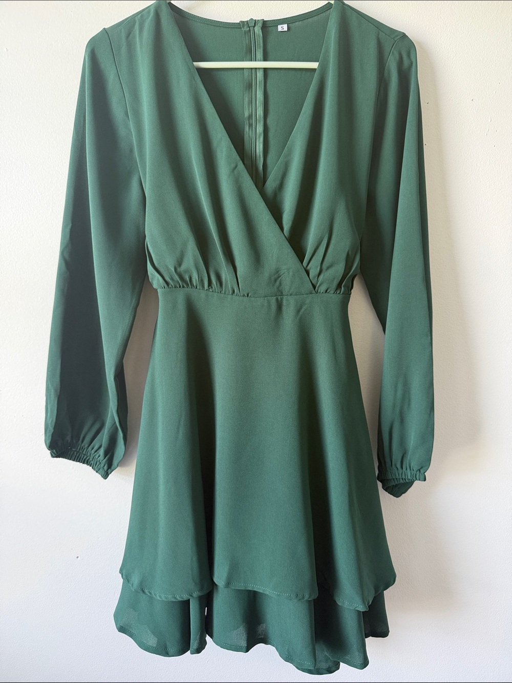 Forest Green Long-Sleeve V-Neck Wrap Tiered Skater Dress as